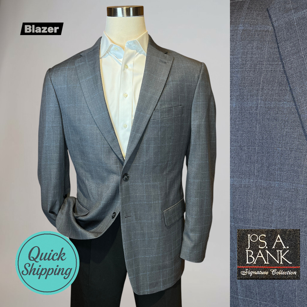 Jos A Bank Signature Collection 44L Gray Blue Plaid Blazer Sport Coat Jacket